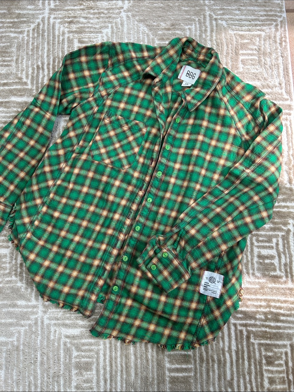 BDG Green Plaid Flannel Shirt, S
